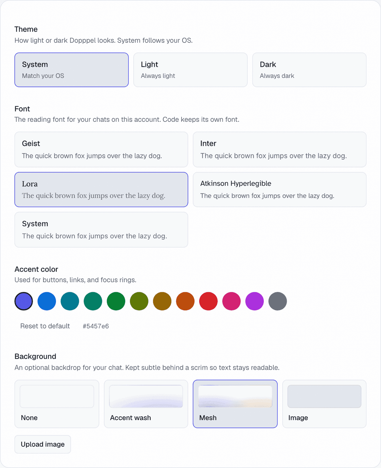 The Appearance page in Settings, showing three theme buttons for System, Light and Dark, five fonts each with a sample line, a row of twelve round color circles, and four background tiles named None, Accent wash, Mesh and Image.